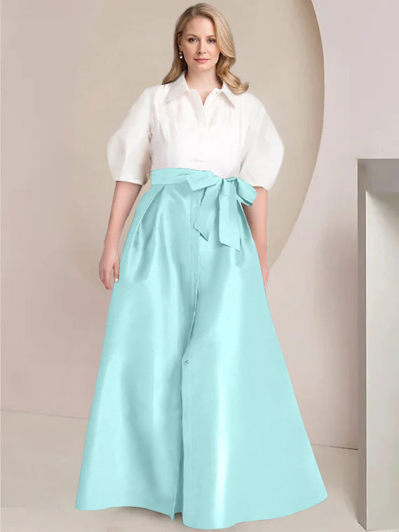 Princess A-Line Shirt Collar Floor-Length 2-Piece Plus Size Mother of the Bride Dress with Bowknot