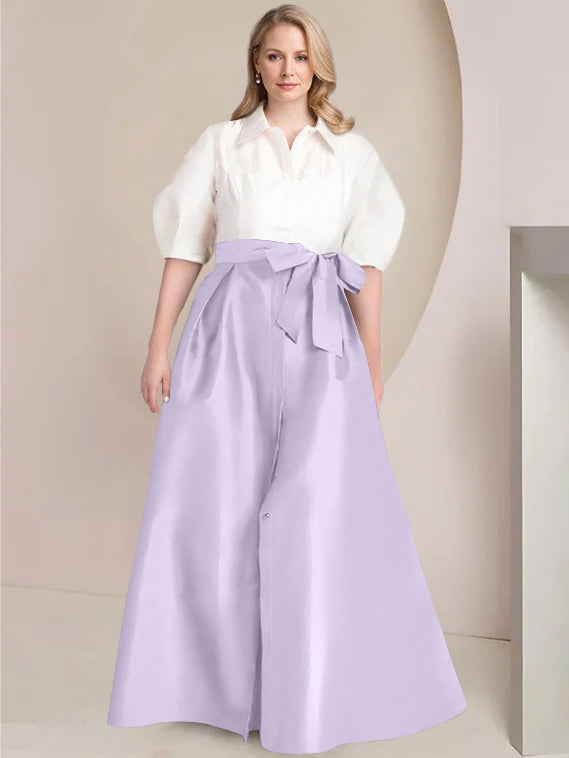 Princess A-Line Shirt Collar Floor-Length 2-Piece Plus Size Mother of the Bride Dress with Bowknot