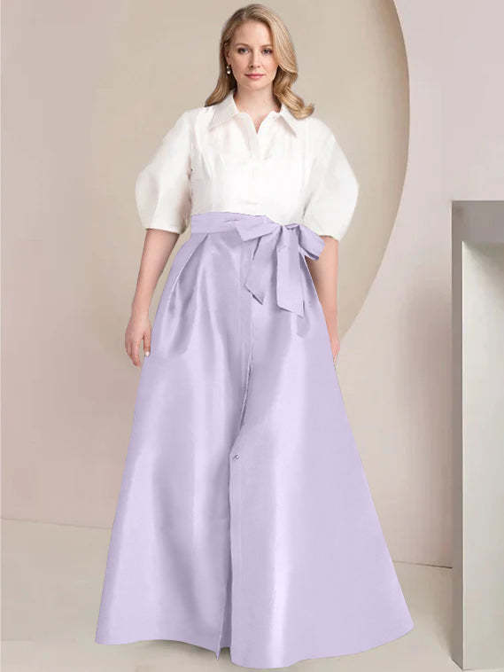 Princess A-Line Shirt Collar Floor-Length 2-Piece Plus Size Mother of the Bride Dress with Bowknot