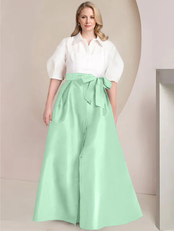 Princess A-Line Shirt Collar Floor-Length 2-Piece Plus Size Mother of the Bride Dress with Bowknot