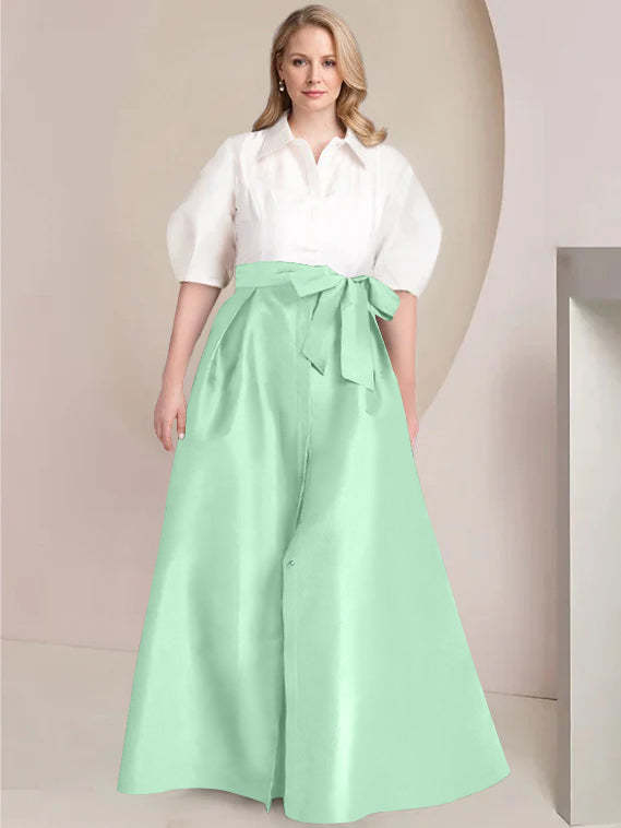 Princess A-Line Shirt Collar Floor-Length 2-Piece Plus Size Mother of the Bride Dress with Bowknot