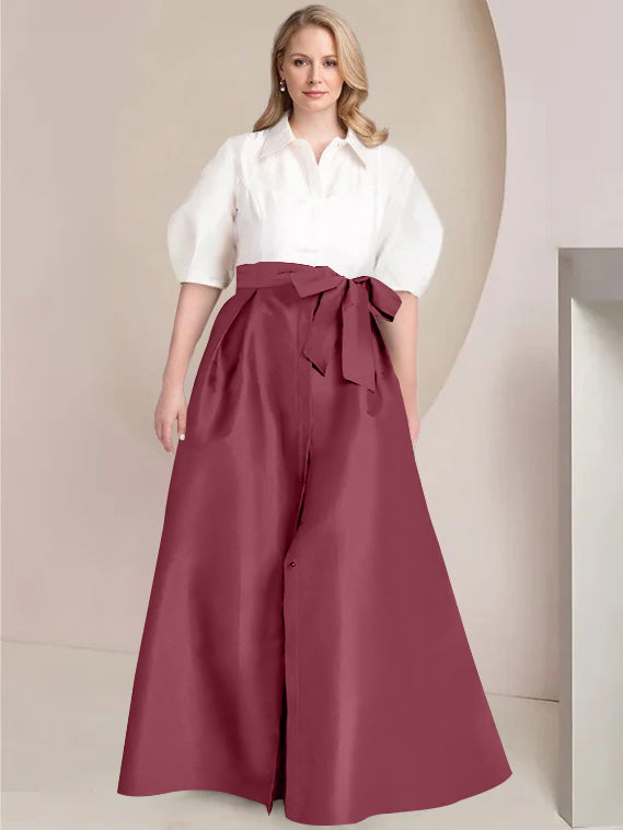 Princess A-Line Shirt Collar Floor-Length 2-Piece Plus Size Mother of the Bride Dress with Bowknot