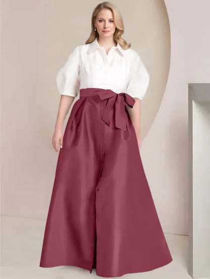 Princess A-Line Shirt Collar Floor-Length 2-Piece Plus Size Mother of the Bride Dress with Bowknot