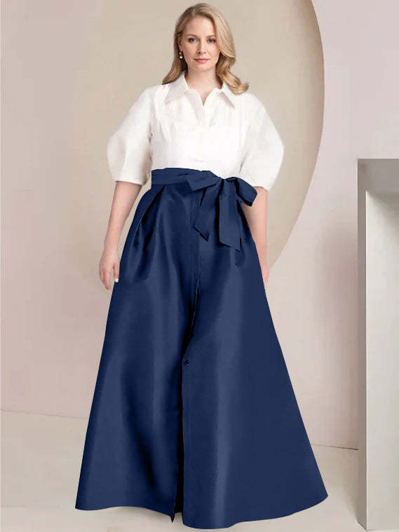 Princess A-Line Shirt Collar Floor-Length 2-Piece Plus Size Mother of the Bride Dress with Bowknot