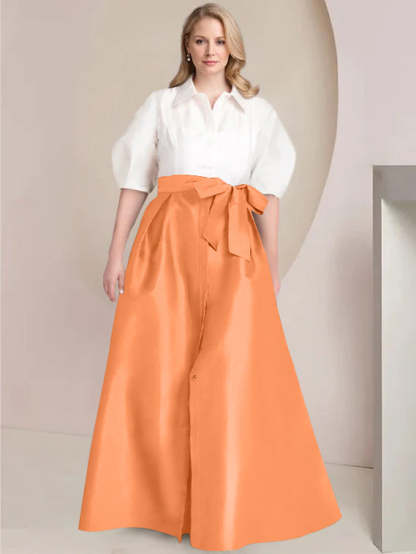 Princess A-Line Shirt Collar Floor-Length 2-Piece Plus Size Mother of the Bride Dress with Bowknot