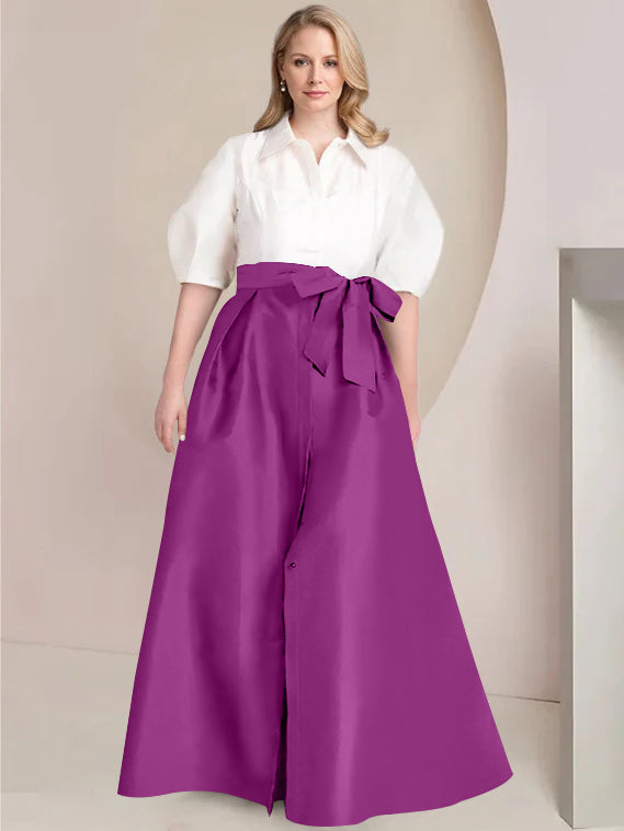 Princess A-Line Shirt Collar Floor-Length 2-Piece Plus Size Mother of the Bride Dress with Bowknot