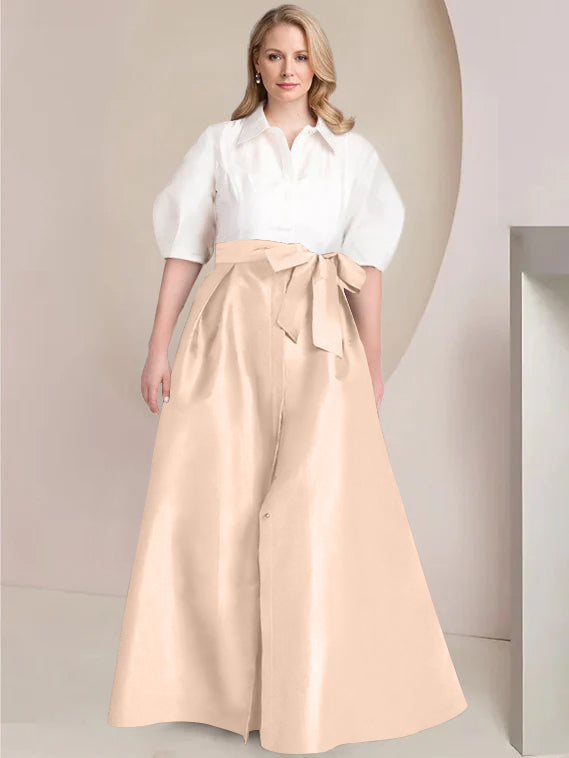 Princess A-Line Shirt Collar Floor-Length 2-Piece Plus Size Mother of the Bride Dress with Bowknot
