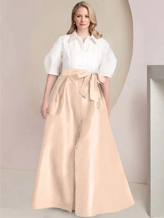 Princess A-Line Shirt Collar Floor-Length 2-Piece Plus Size Mother of the Bride Dress with Bowknot