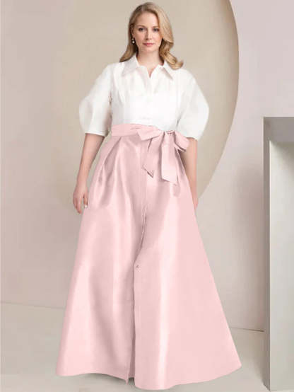 Princess A-Line Shirt Collar Floor-Length 2-Piece Plus Size Mother of the Bride Dress with Bowknot
