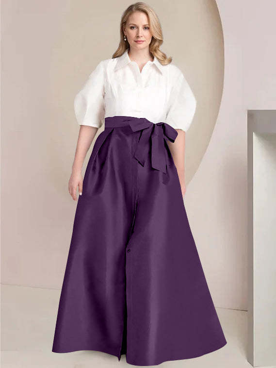 Princess A-Line Shirt Collar Floor-Length 2-Piece Plus Size Mother of the Bride Dress with Bowknot