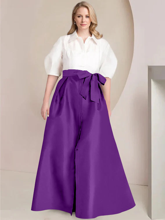 Princess A-Line Shirt Collar Floor-Length 2-Piece Plus Size Mother of the Bride Dress with Bowknot