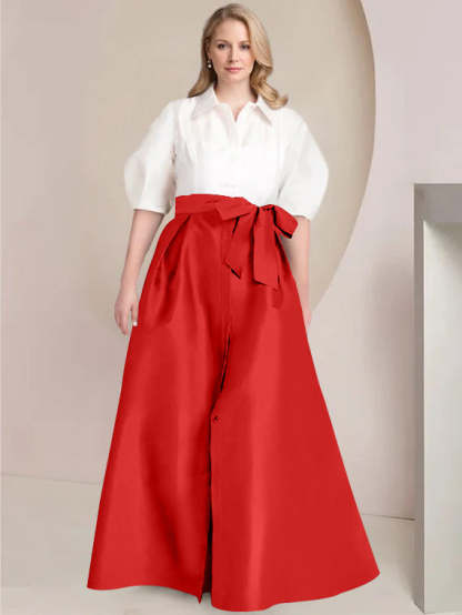 Princess A-Line Shirt Collar Floor-Length 2-Piece Plus Size Mother of the Bride Dress with Bowknot