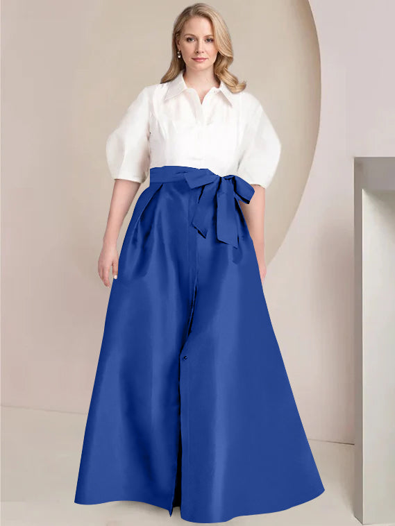 Princess A-Line Shirt Collar Floor-Length 2-Piece Plus Size Mother of the Bride Dress with Bowknot