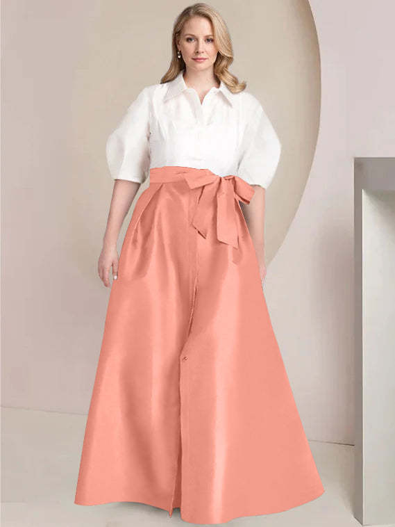 Princess A-Line Shirt Collar Floor-Length 2-Piece Plus Size Mother of the Bride Dress with Bowknot