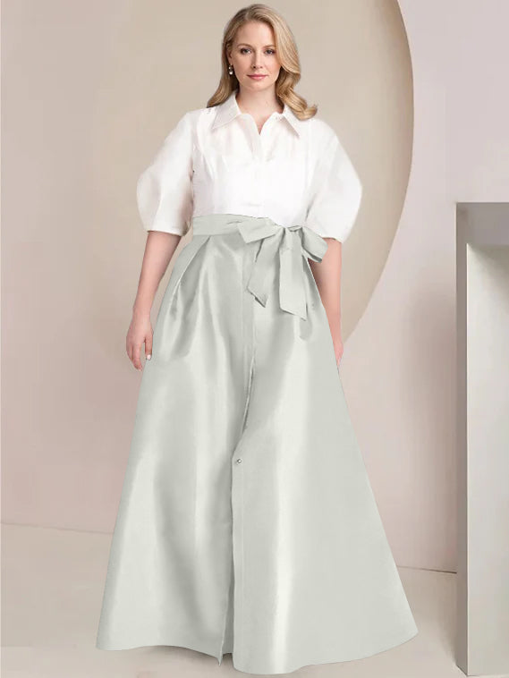 Princess A-Line Shirt Collar Floor-Length 2-Piece Plus Size Mother of the Bride Dress with Bowknot