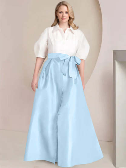 Princess A-Line Shirt Collar Floor-Length 2-Piece Plus Size Mother of the Bride Dress with Bowknot