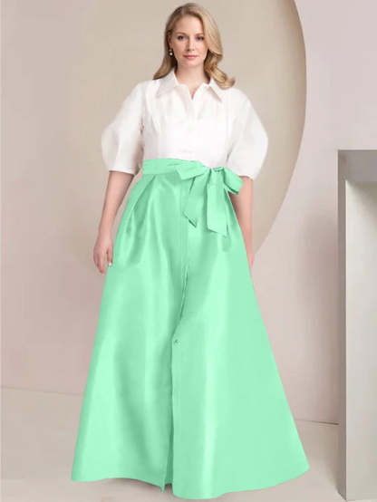 Princess A-Line Shirt Collar Floor-Length 2-Piece Plus Size Mother of the Bride Dress with Bowknot