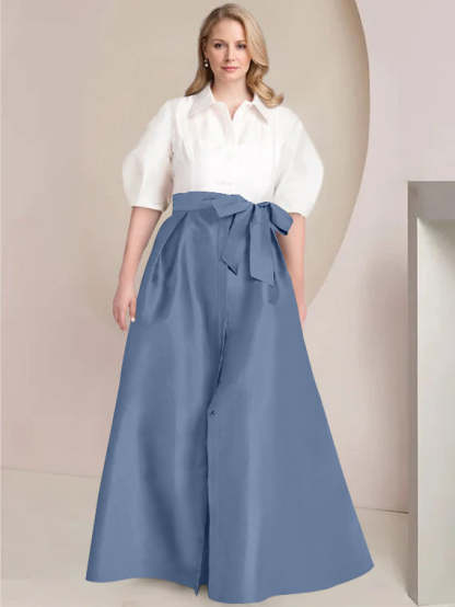 Princess A-Line Shirt Collar Floor-Length 2-Piece Plus Size Mother of the Bride Dress with Bowknot