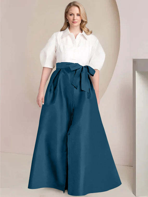 Princess A-Line Shirt Collar Floor-Length 2-Piece Plus Size Mother of the Bride Dress with Bowknot