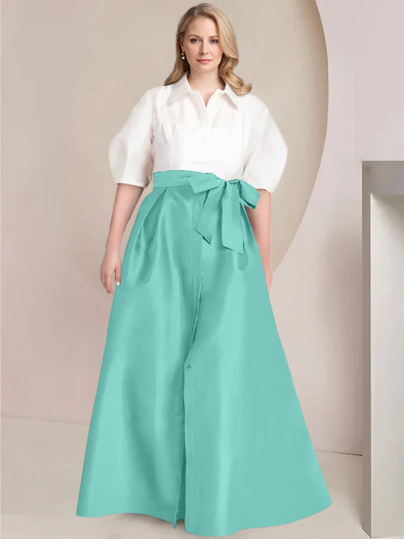 Princess A-Line Shirt Collar Floor-Length 2-Piece Plus Size Mother of the Bride Dress with Bowknot