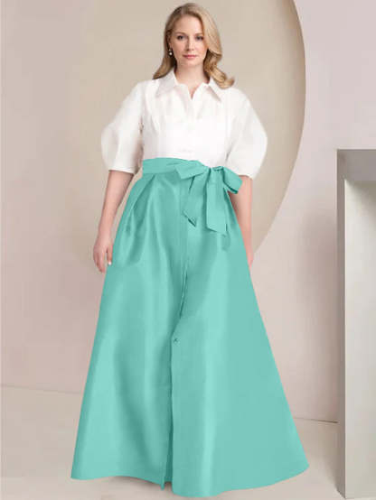 Princess A-Line Shirt Collar Floor-Length 2-Piece Plus Size Mother of the Bride Dress with Bowknot