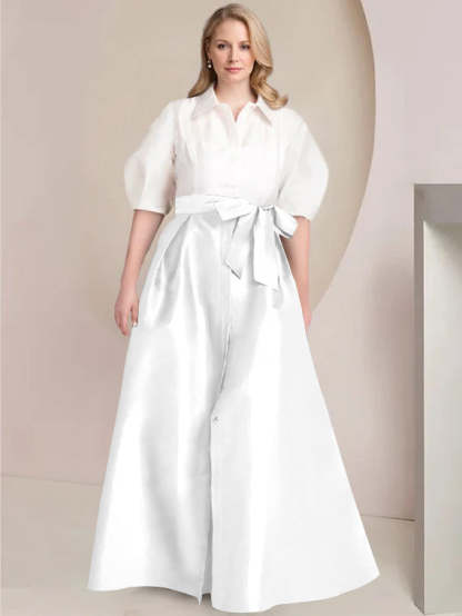 Princess A-Line Shirt Collar Floor-Length 2-Piece Plus Size Mother of the Bride Dress with Bowknot