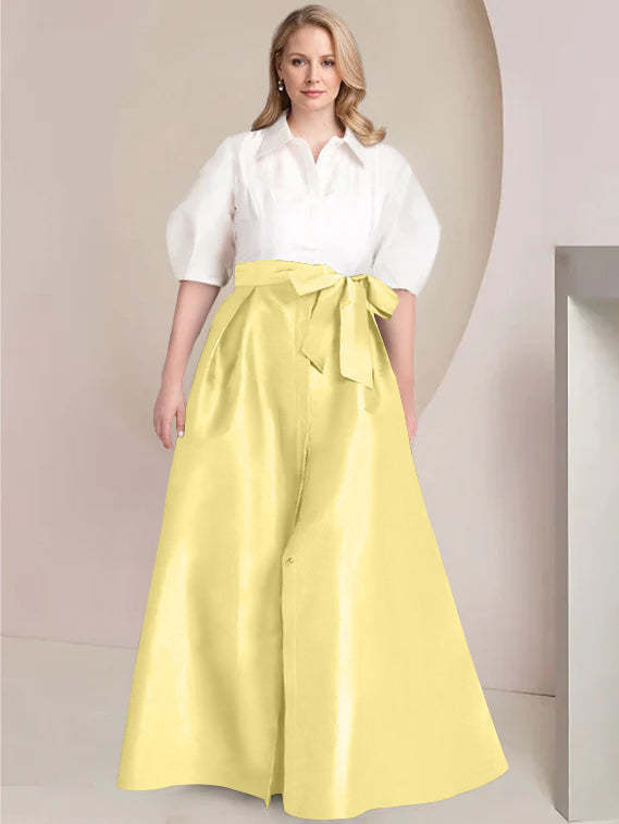 Princess A-Line Shirt Collar Floor-Length 2-Piece Plus Size Mother of the Bride Dress with Bowknot