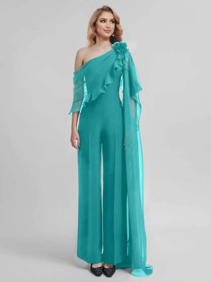 Chiffon Mother of the Bride One-Shoulder Jumpsuit with Half Sleeves