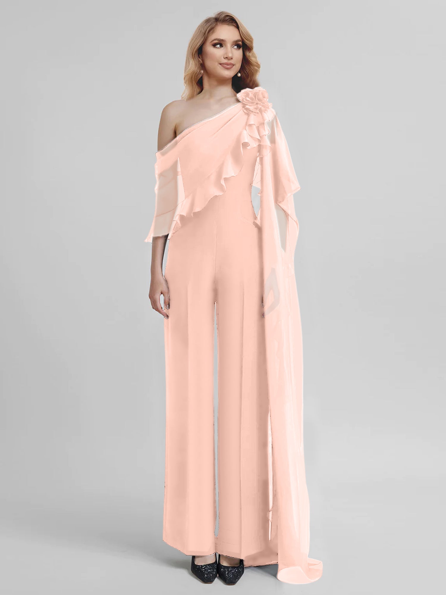 Chiffon Mother of the Bride One-Shoulder Jumpsuit with Half Sleeves