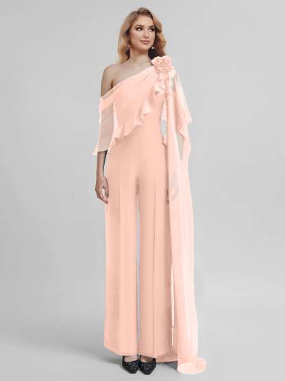 Chiffon Mother of the Bride One-Shoulder Jumpsuit with Half Sleeves