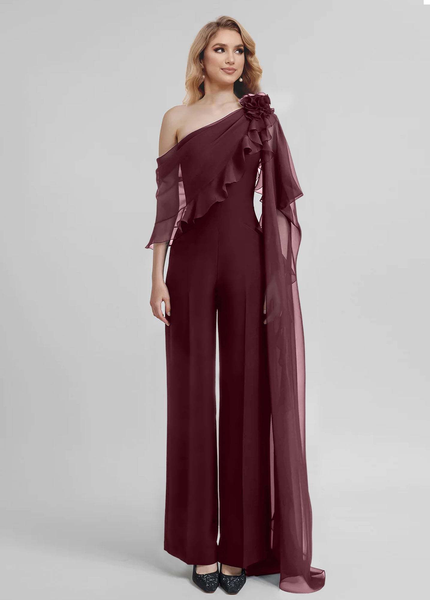 Chiffon Mother of the Bride One-Shoulder Jumpsuit with Half Sleeves