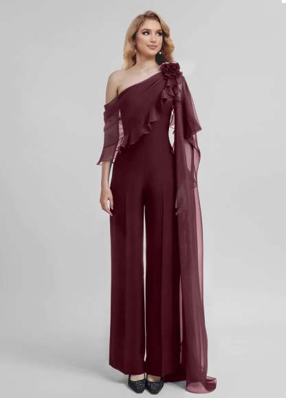 Chiffon Mother of the Bride One-Shoulder Jumpsuit with Half Sleeves