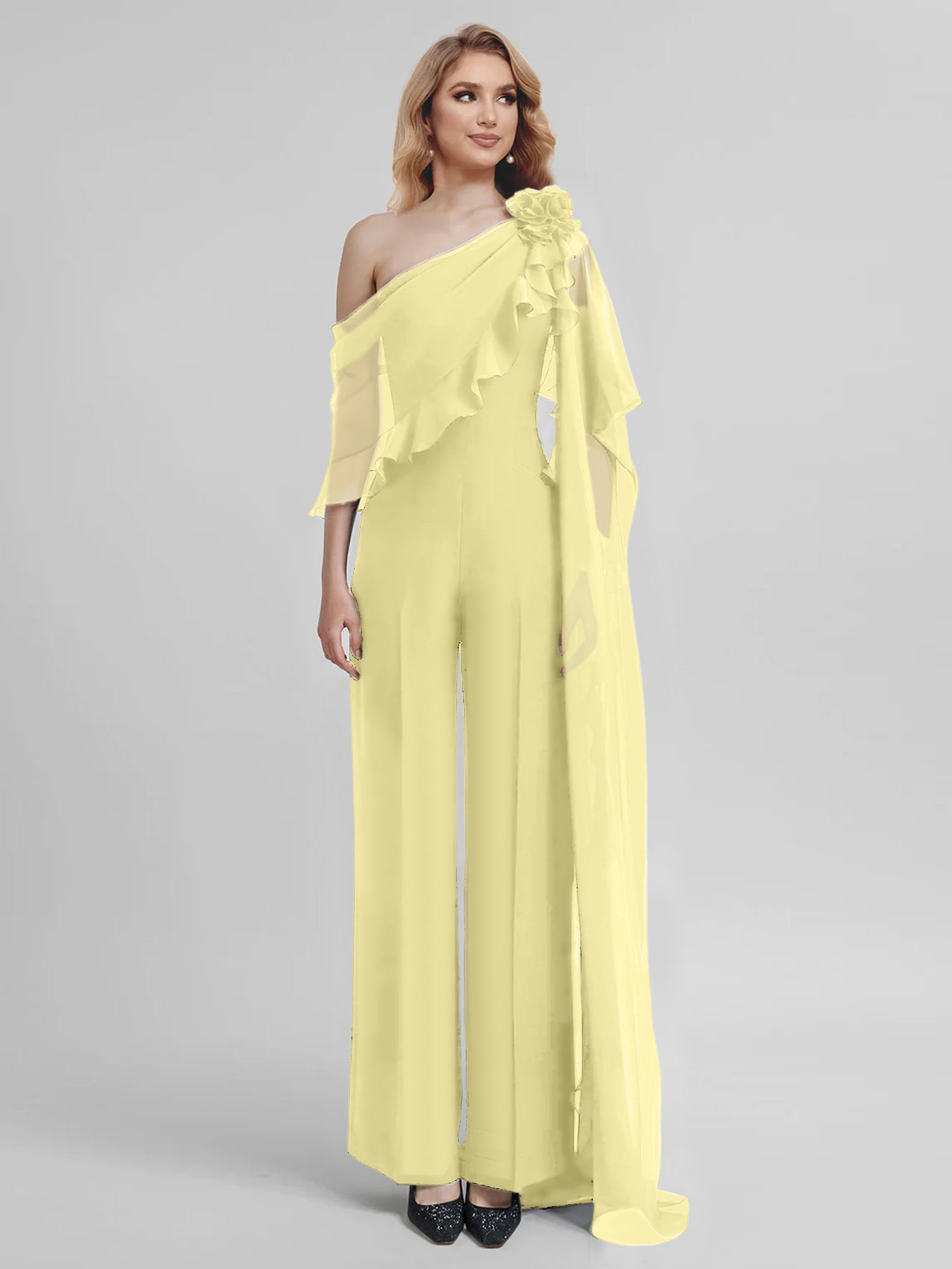 Chiffon Mother of the Bride One-Shoulder Jumpsuit with Half Sleeves