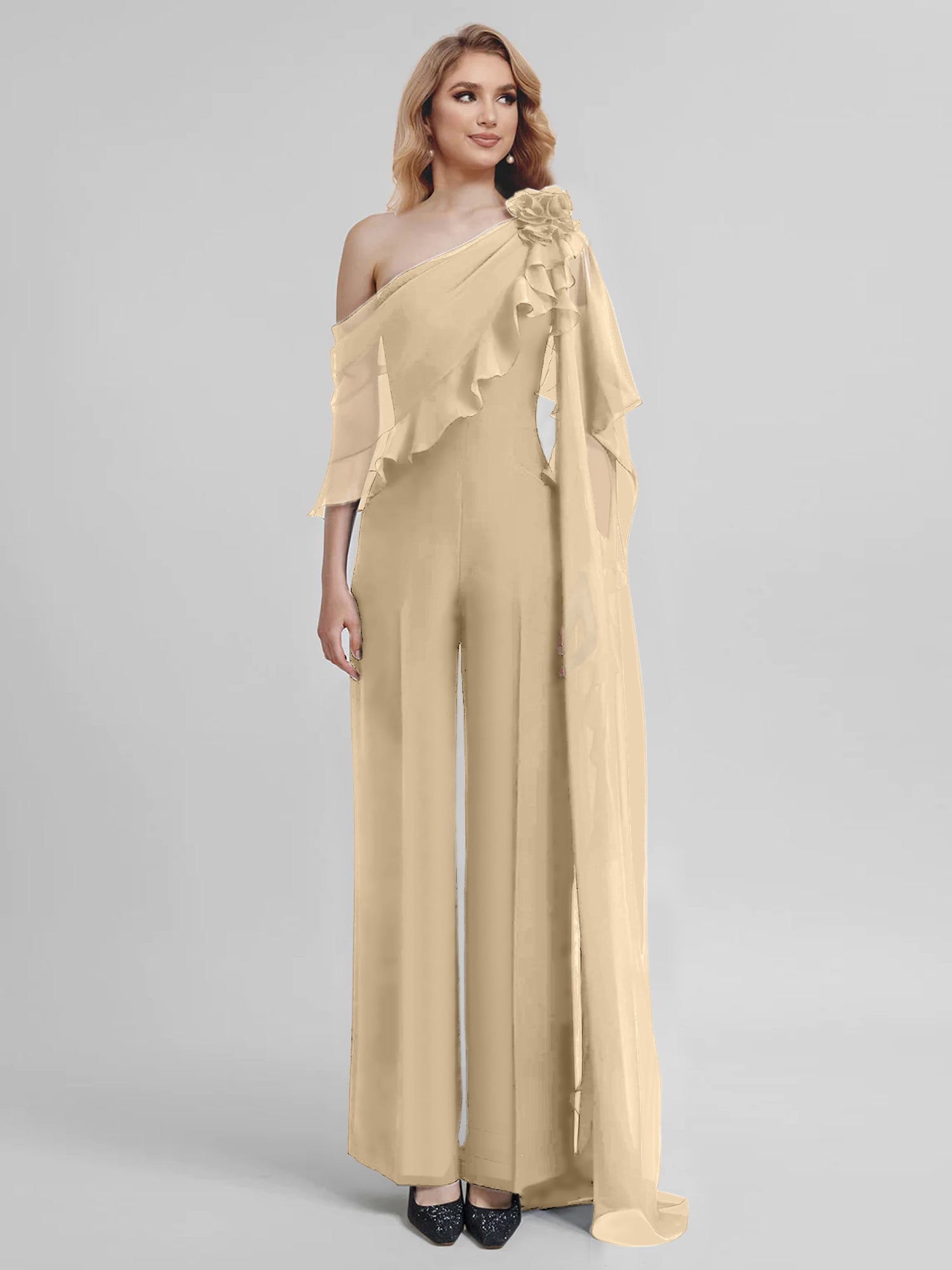 Chiffon Mother of the Bride One-Shoulder Jumpsuit with Half Sleeves