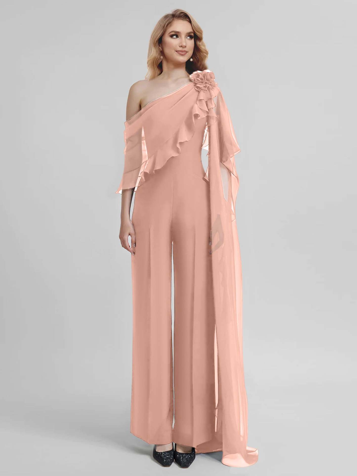 Chiffon Mother of the Bride One-Shoulder Jumpsuit with Half Sleeves