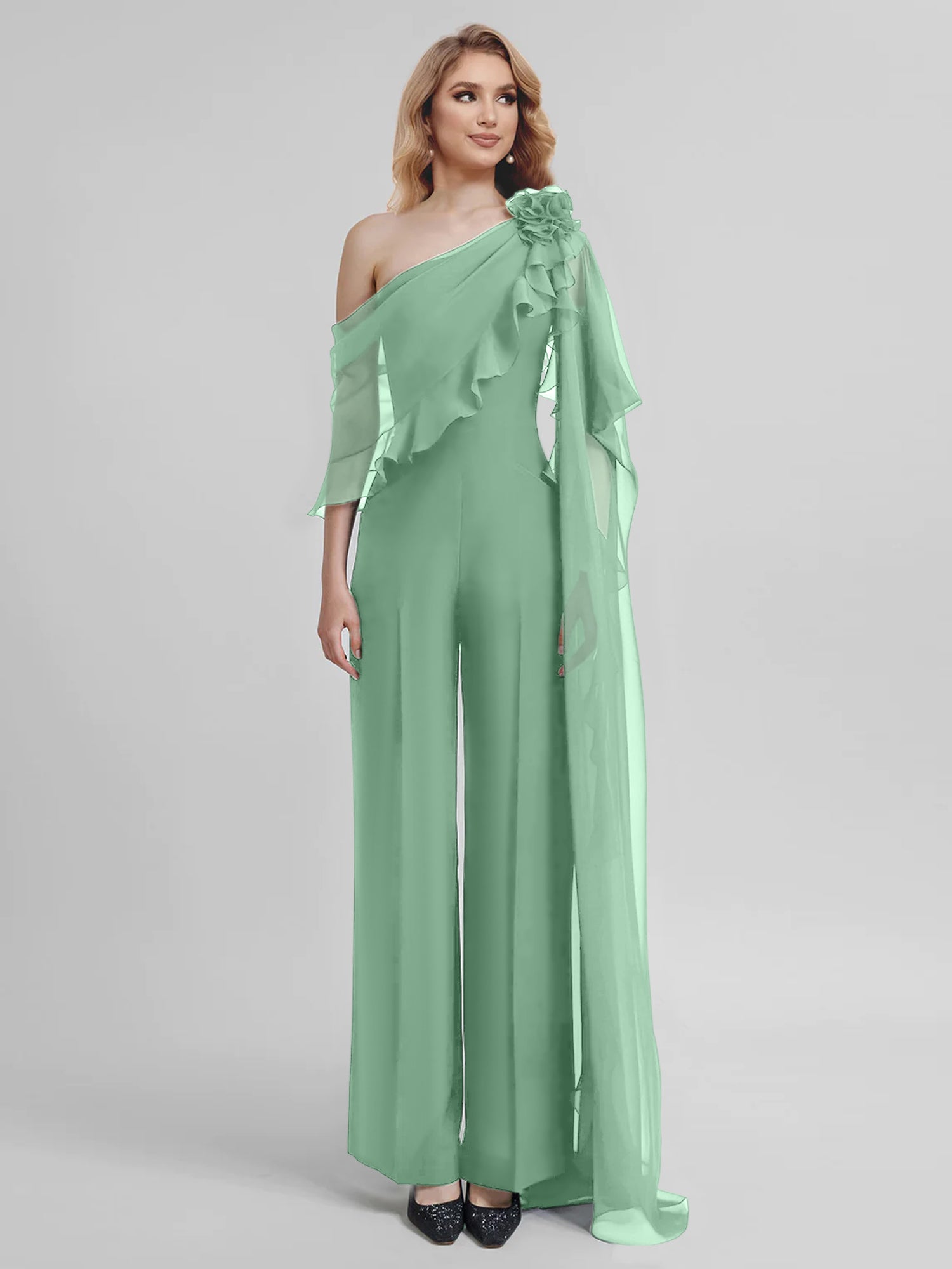 Chiffon Mother of the Bride One-Shoulder Jumpsuit with Half Sleeves