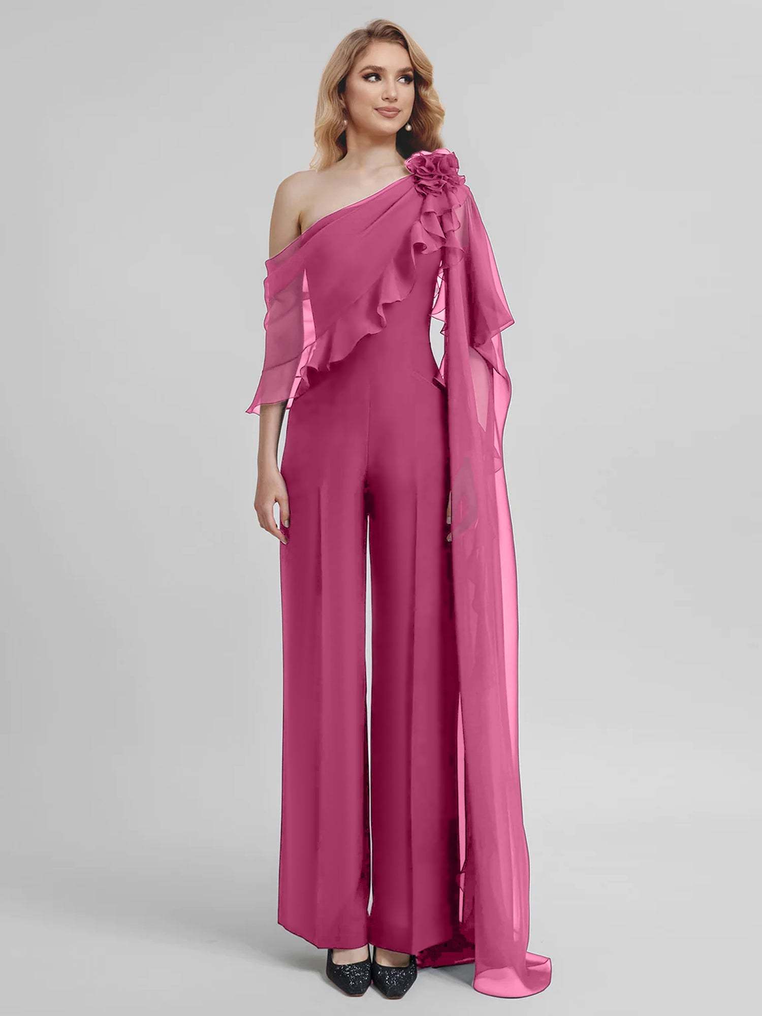 Chiffon Mother of the Bride One-Shoulder Jumpsuit with Half Sleeves