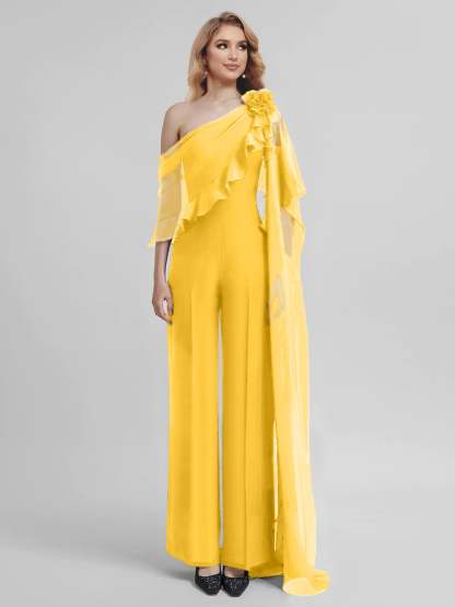 Chiffon Mother of the Bride One-Shoulder Jumpsuit with Half Sleeves