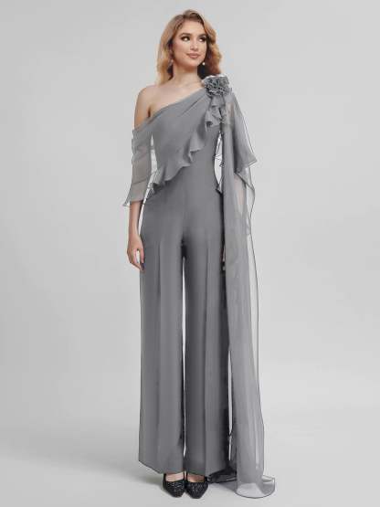 Chiffon Mother of the Bride One-Shoulder Jumpsuit with Half Sleeves