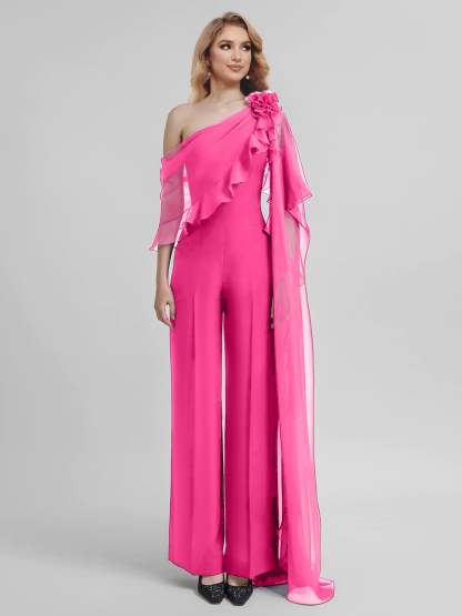 Chiffon Mother of the Bride One-Shoulder Jumpsuit with Half Sleeves