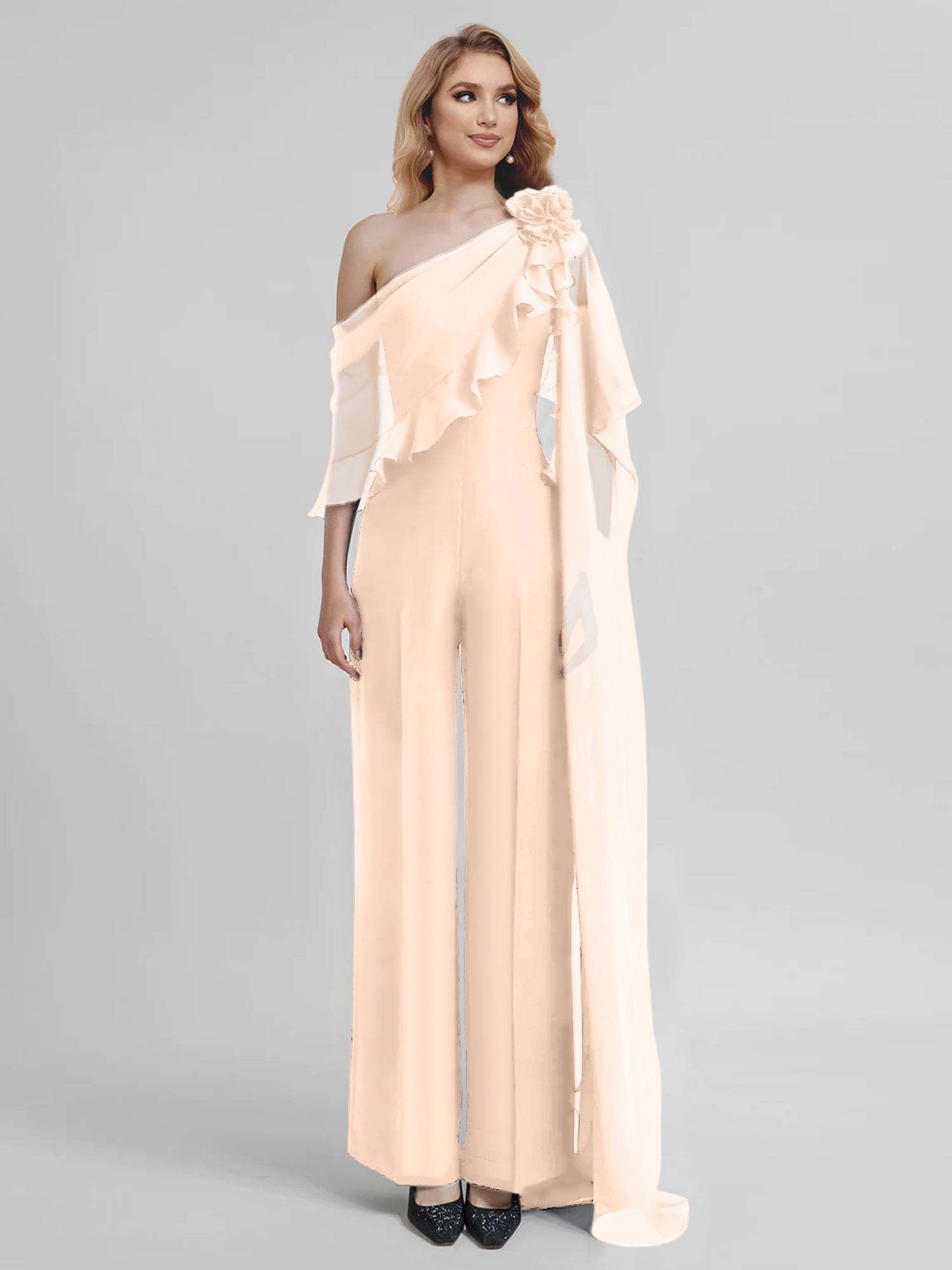 Chiffon Mother of the Bride One-Shoulder Jumpsuit with Half Sleeves