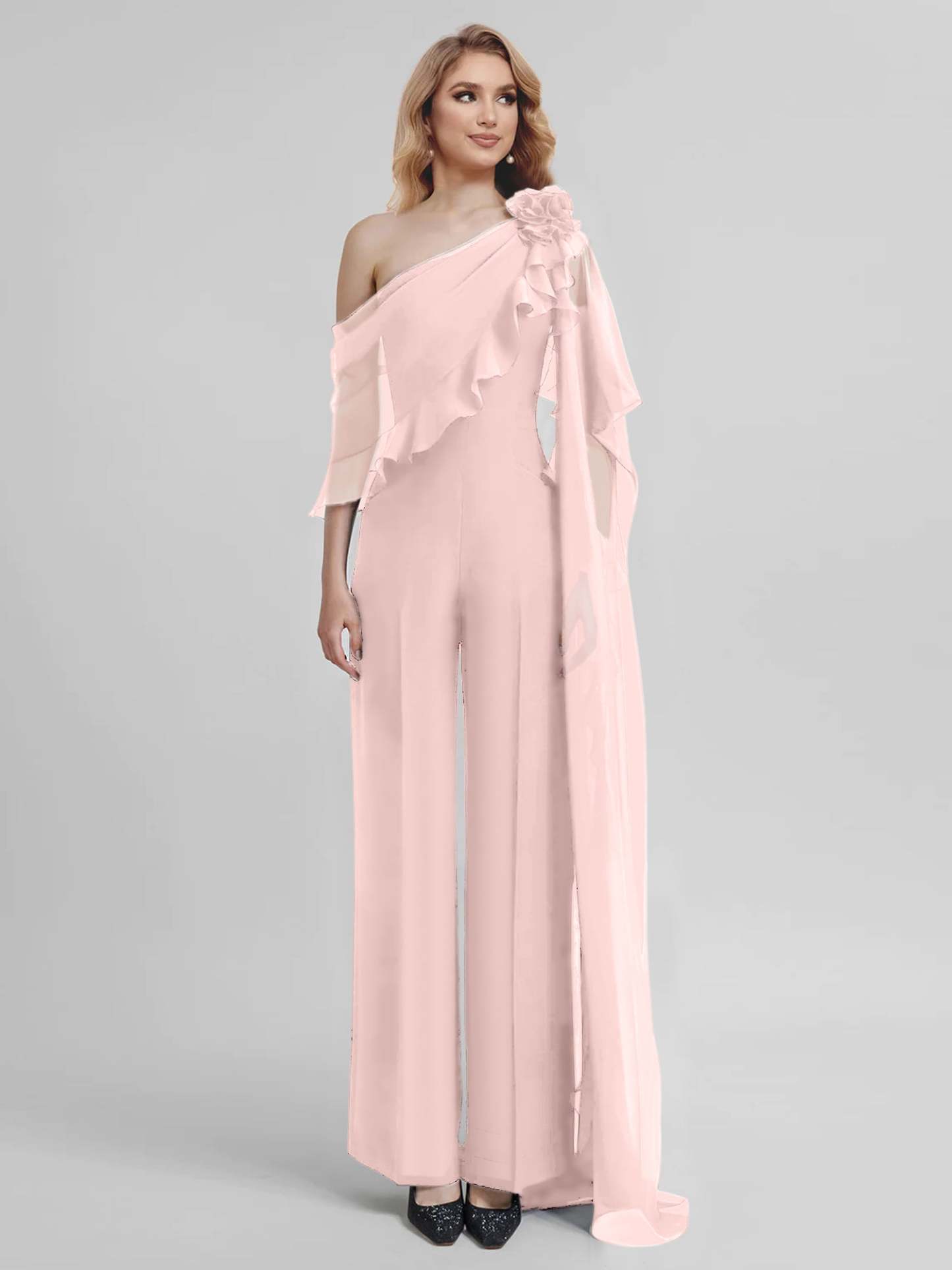 Chiffon Mother of the Bride One-Shoulder Jumpsuit with Half Sleeves