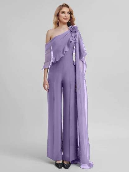 Chiffon Mother of the Bride One-Shoulder Jumpsuit with Half Sleeves
