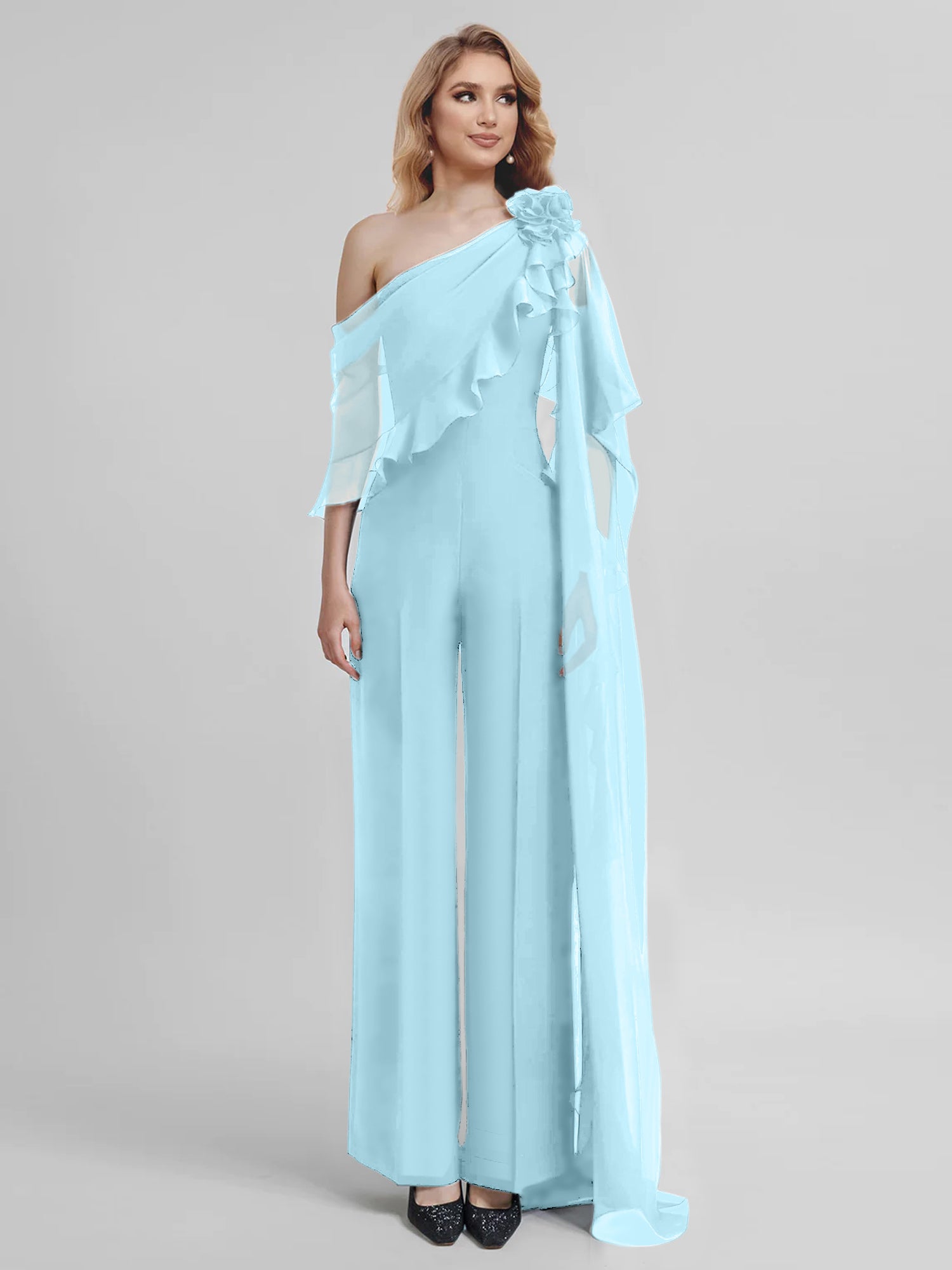 Chiffon Mother of the Bride One-Shoulder Jumpsuit with Half Sleeves