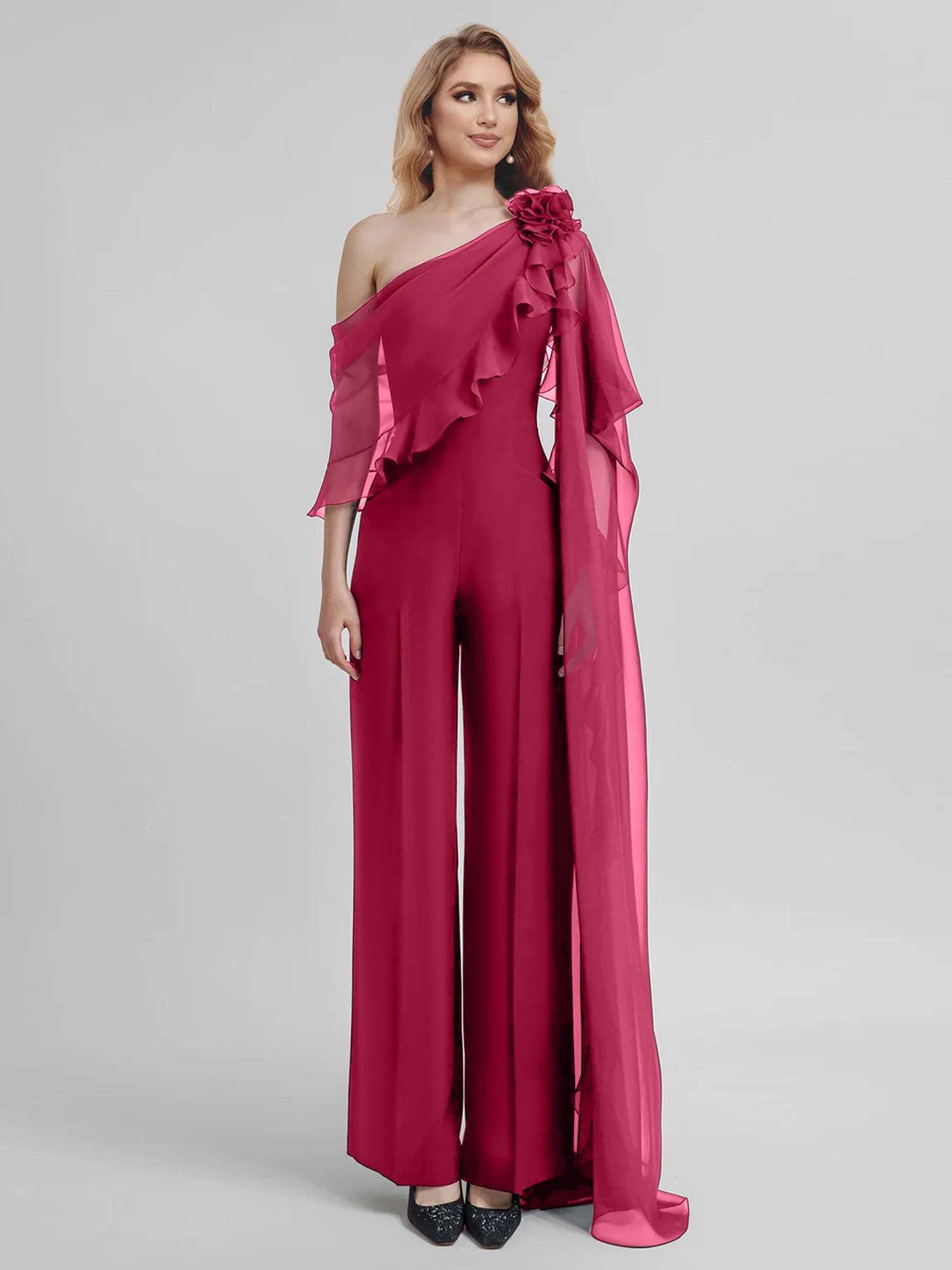 Chiffon Mother of the Bride One-Shoulder Jumpsuit with Half Sleeves