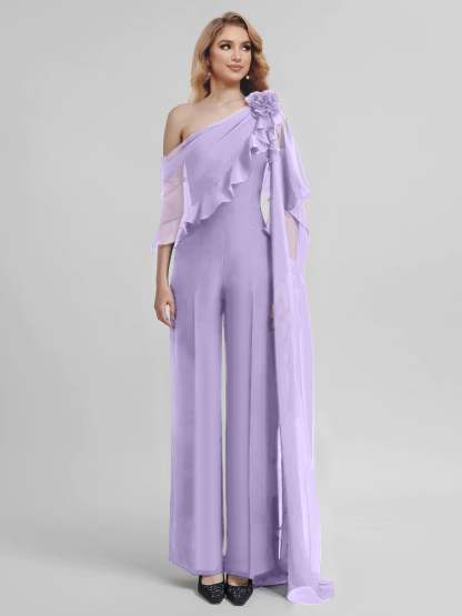 Chiffon Mother of the Bride One-Shoulder Jumpsuit with Half Sleeves