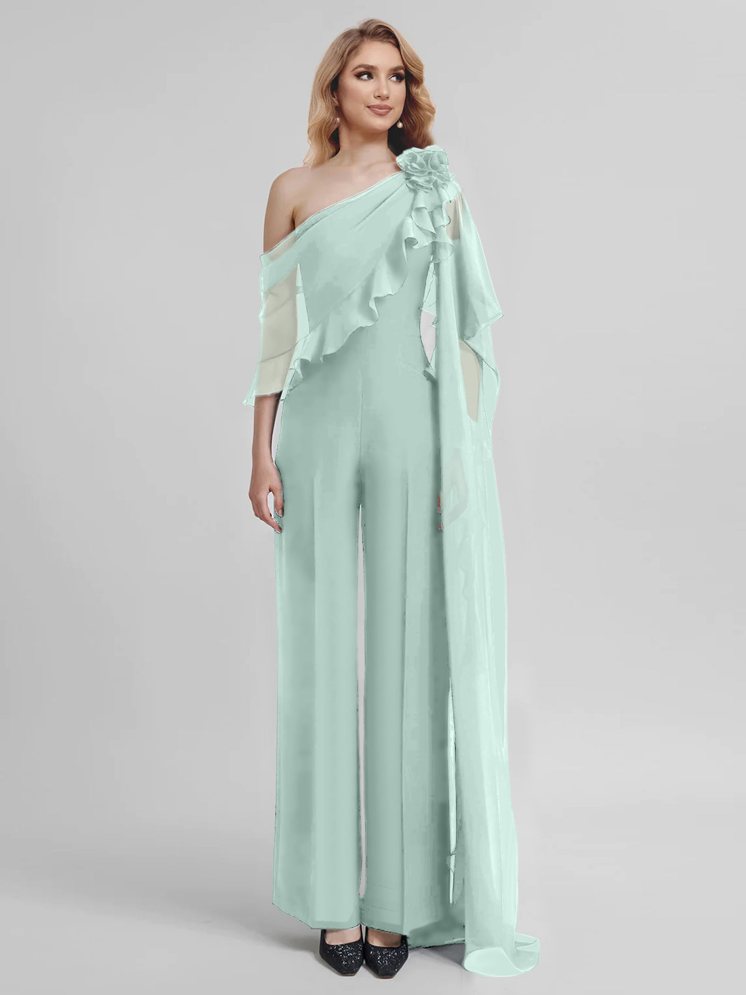 Chiffon Mother of the Bride One-Shoulder Jumpsuit with Half Sleeves