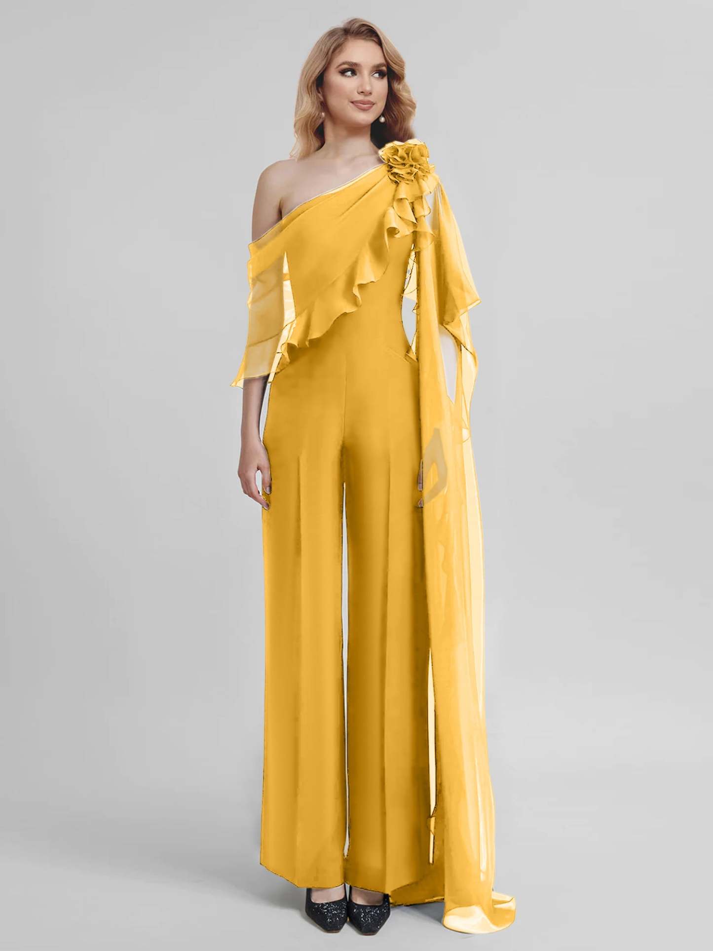 Chiffon Mother of the Bride One-Shoulder Jumpsuit with Half Sleeves