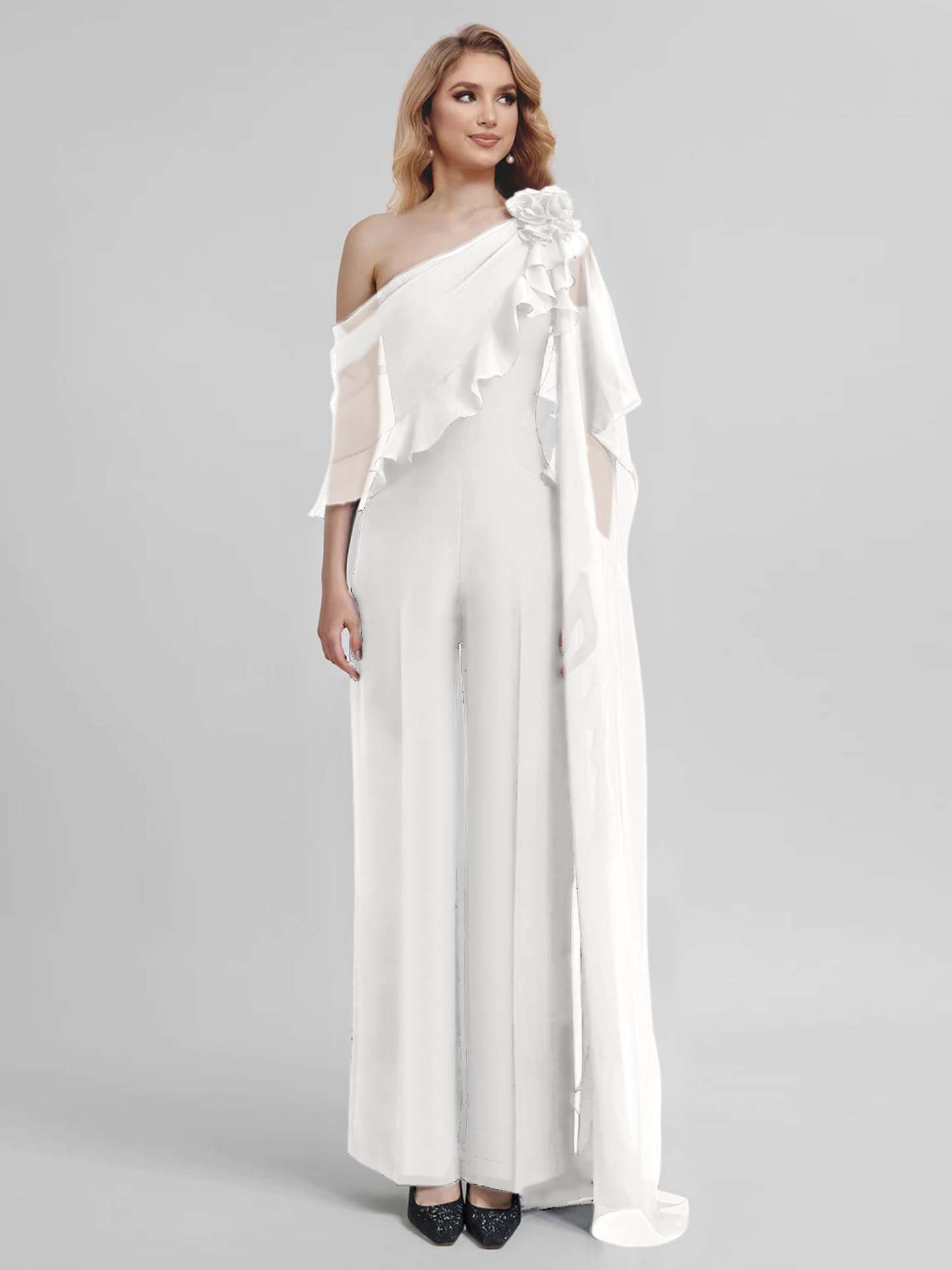 Chiffon Mother of the Bride One-Shoulder Jumpsuit with Half Sleeves