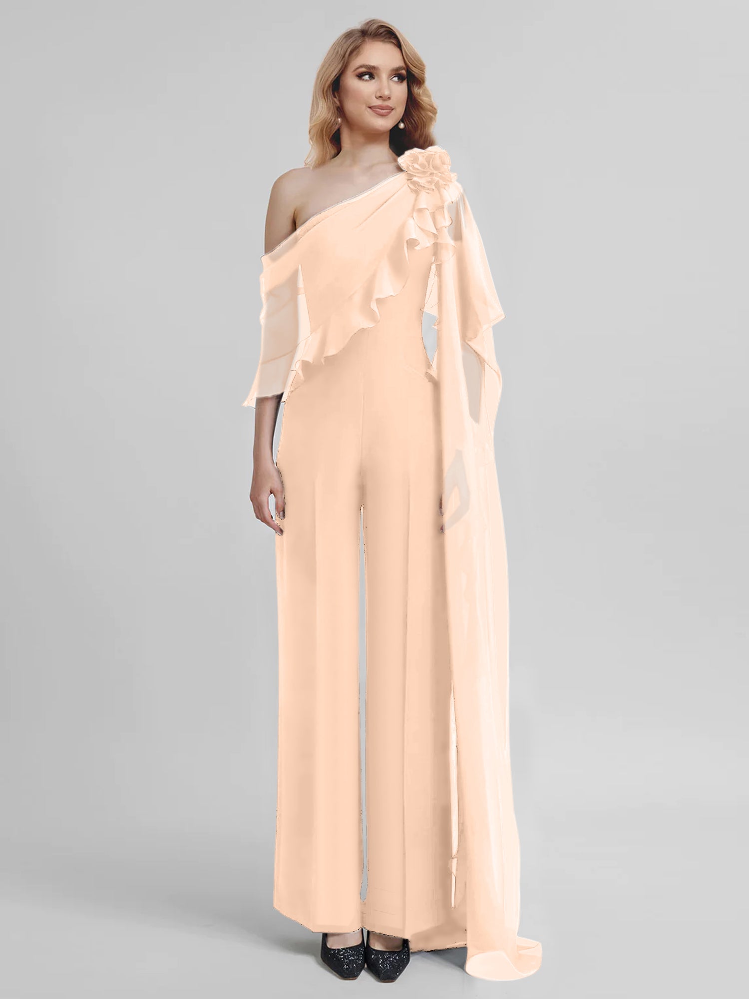 Chiffon Mother of the Bride One-Shoulder Jumpsuit with Half Sleeves
